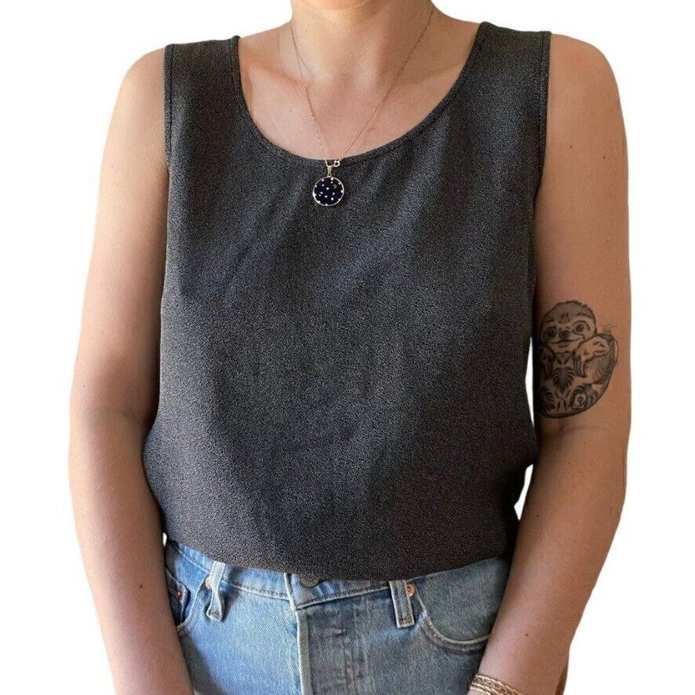 Vintage 90s Womens Tamotsu Black Micro Polka Dot Scoop Neck Minimalist Tank Top